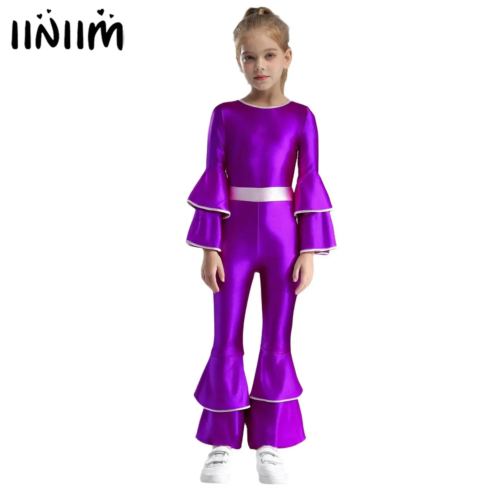 

Блестящий металлик 70-х 80-х годов, диско-костюм для девочек, многоуровневый расклешенный комбинезон с высокой талией, костюм для дискотеки, бальных, джазовых танцев