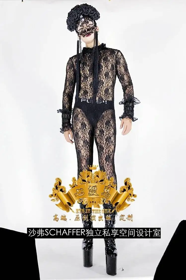

Lace Nightclub GOGO Men's Black DS Performance Dress Sexy Jumpsuit Dance Team Dark Men's Performance Dress Halloween