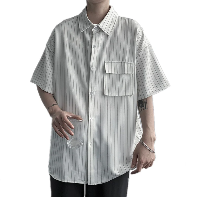 

Spring Summer New Fashion Handsome Trend Casual Blouse Man All Match Chic Male Shirt Square Collar Stripe Loose Tops Men Tops