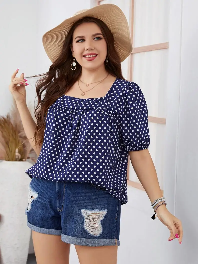 Blusa a cuadros de cuello redondo para mujer, camisa informal de lunares de talla grande, Camiseta de algodón de manga corta para verano, elegante y juvenil, ofertas de envío gratis