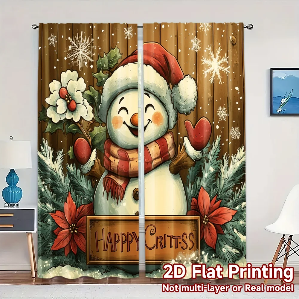 2pcs,Curtains Cute Snowman Happy Holidays Sign Creative Modern Curtains Yarn Curtains Room Decor Decorative for Translucent