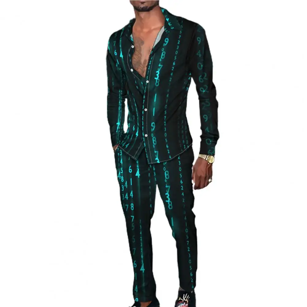 2 Pcs/Set Men Pants Suit Digital Print Colorful Colorfast Full Length Pants Shirt Pants Set for Daily Wear