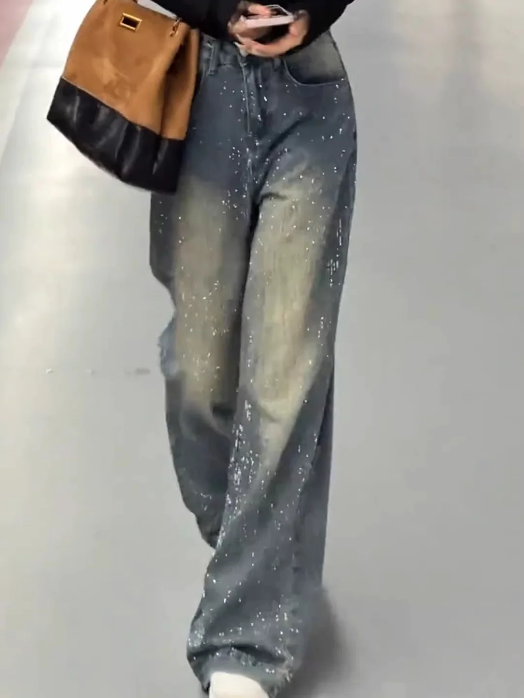 

Spring 2026 High Waist Loose Fit Casual Wide Leg Jeans Star River Rhinestone Embellied Slimming Pants Women's Faion