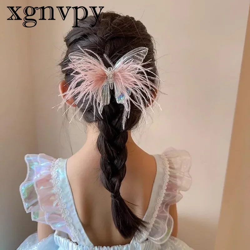 xgnvpy Children Colorful Feather Butterfly Hair Clip Fairy Beauty Princess Girl Hairpin Headdress Hair Accessories Baby Hair