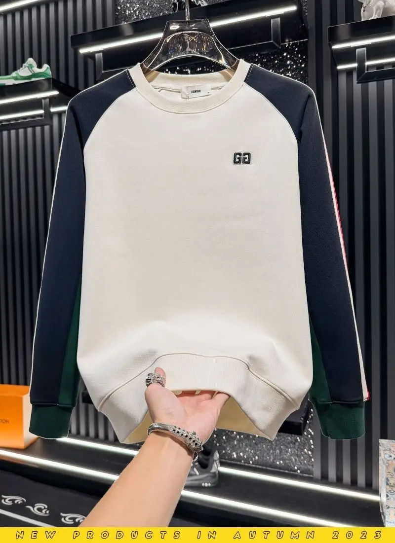 Men's embroidered color matching crew neck sweater new trendy brand autumn and winter velvet