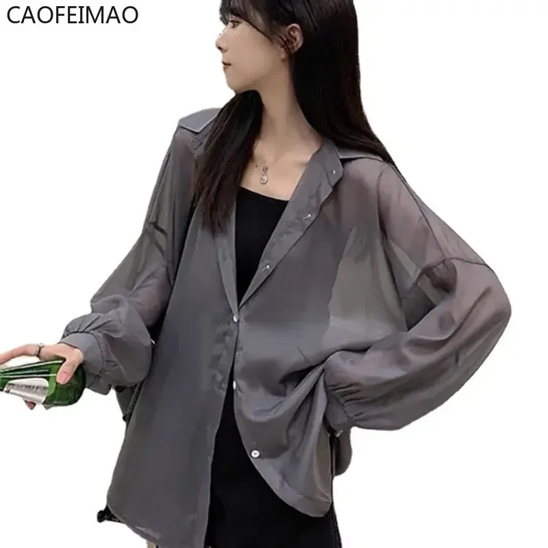 2025 Shirt for Women Blouse Long Sleeve Female Chiffon Loose Tops Summer Cardigan Thin Sexy Solid Color Casual Shirts