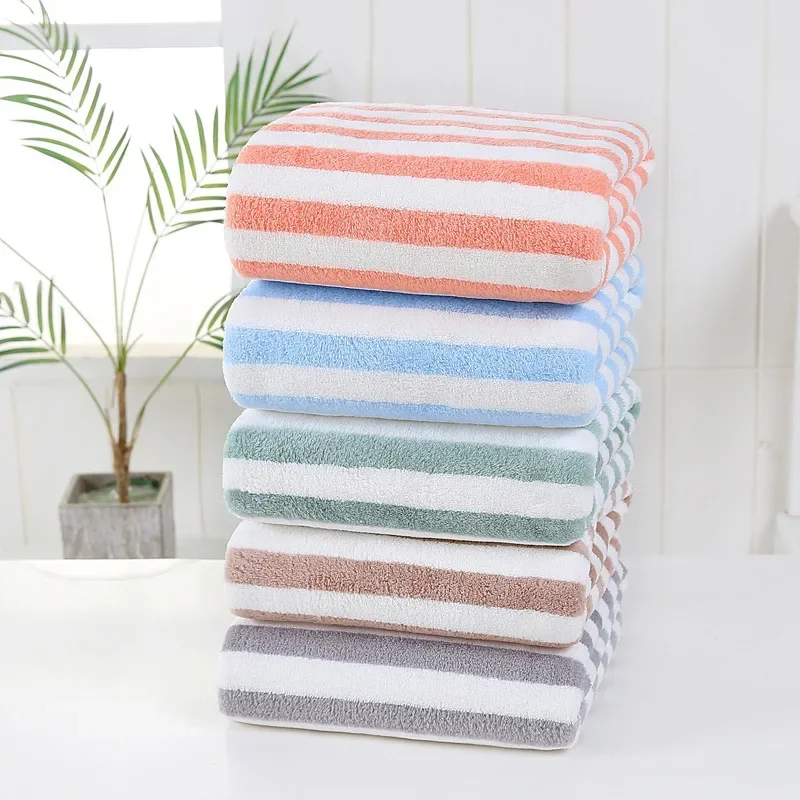 35x75cm Bath Towel Coral Fleece Microfiber Striped Adult Household Textiles Bathroom Soft Woman Sauna  Spa Absorbent Towel