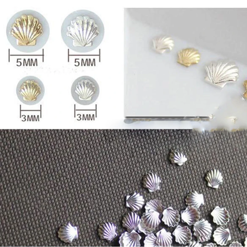 Breloques pour ongles en forme de coquille, en alliage P12, couleur or et argent, 3mm/5mm, 100/1000, accessoires de manucure DIY