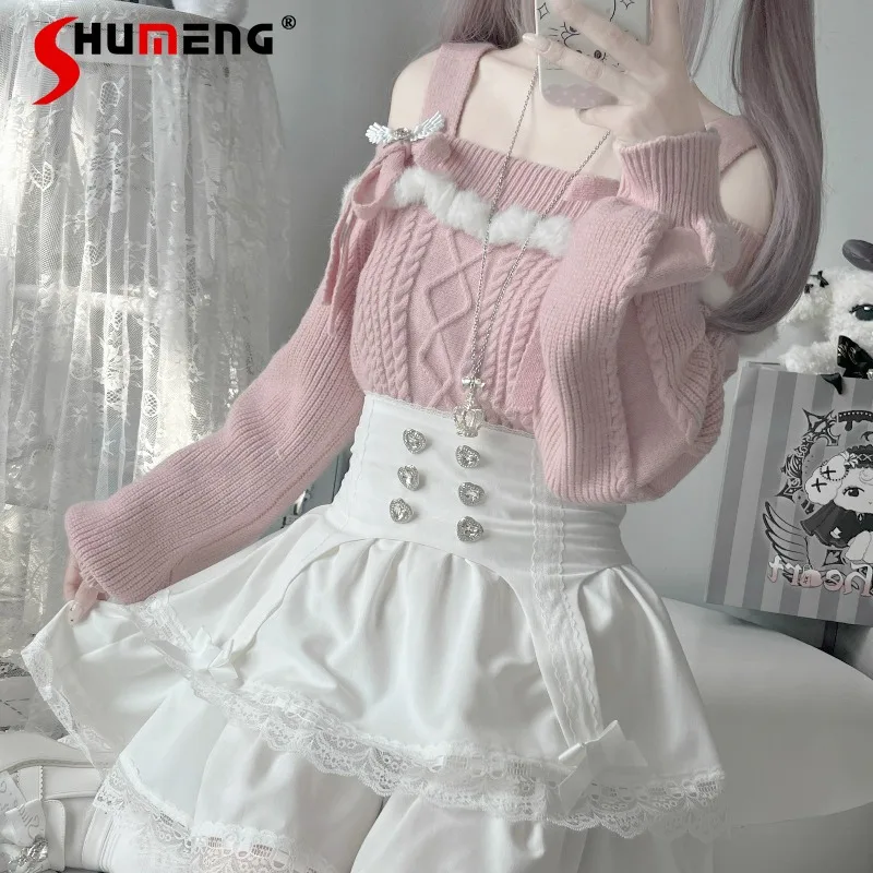 Mine Series Mass-produced Knitted Sweater Black Pink Strap Off-the-shoulder Y2k Jumper Pullovers Japanese Rojita Sweet Knitwear