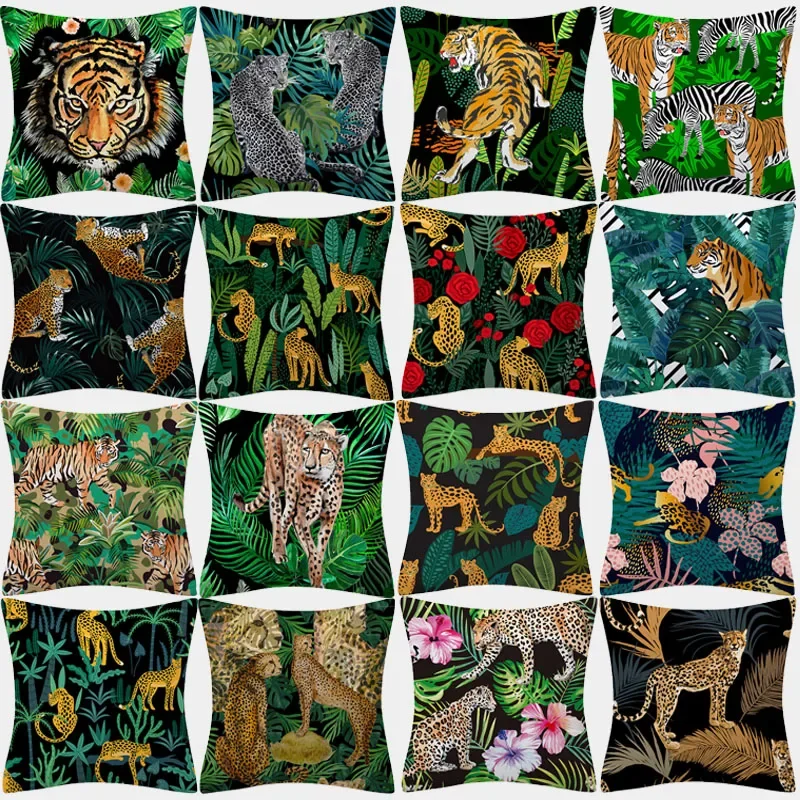 Polyester Tiger Leopard Print Pillowcase Upholstery Sofa Cushion Palm Leaf  Tropical Jungle Home Decor  Cover