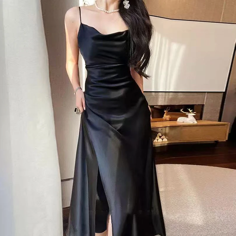 Abito camis con spacco nero Abito estivo da donna sexy senza schienale con spalline Abito longuette Y2K Elegante raso senza maniche Abiti da notte per feste