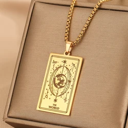 THE WORLD Men's Punk Tarot Card Necklace Talisman Stainless Steel Pendant Earth Planet Choker Divination Gold Color Jewelry
