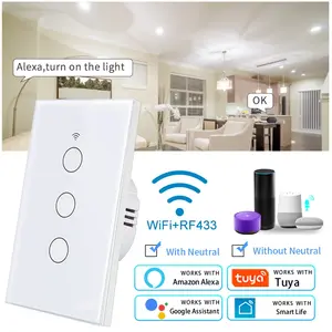 Tuya Smart Switches US Neutral Wire/No Neutral Wire Required 1/2/3/4 Gang Light WiFi Touch Switch Work with Alexa Google Home