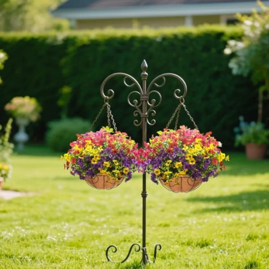 Set Artificial Outdoor Flowers with Hanging Basket, Hanging Planters with 4 Pcs Flowers for Spring Summer Front Porch Garden Pa