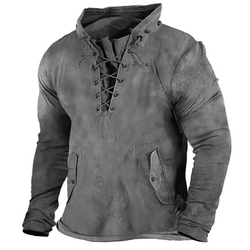 Cross Lace-up Drawstring Men Hoodie Autumn Winter Training T-shirt Sweatshirt Retro Pure Color Loose Pullover Men Sweatshirt - Image 2