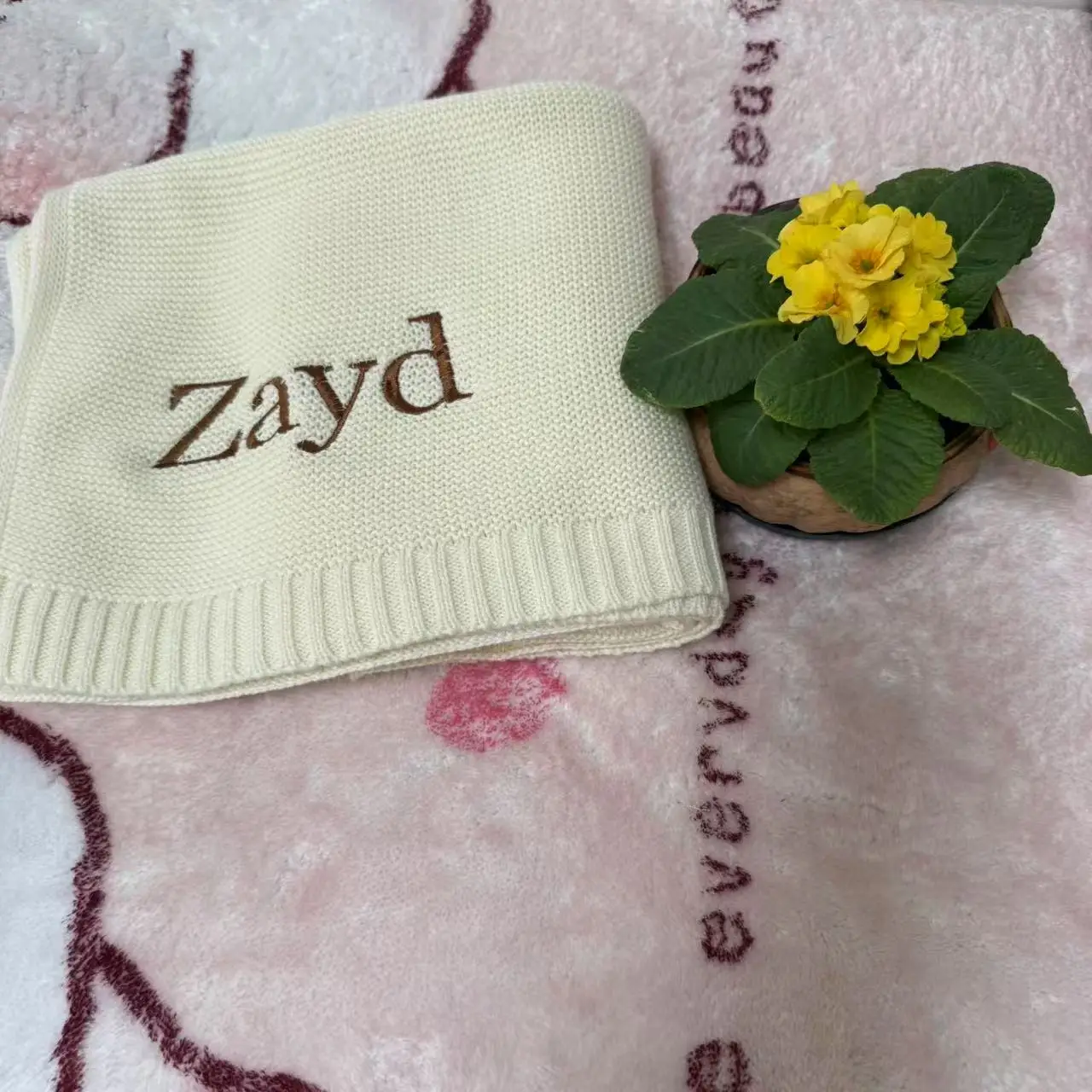 Knitted Baby Blanket Personalized Name Baby Shower Newborn Baby Gift Soft Breathable Blanket Embroidered Kids Cotton Nap Blanket