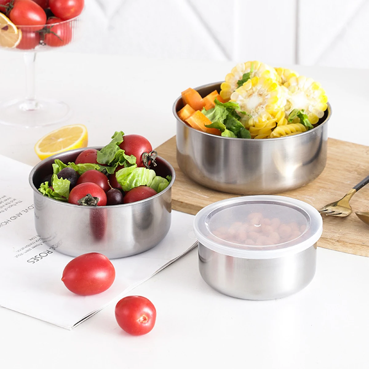 5Pcs Mixing Bowls with Lids Stainless Steel Reusable Snack Container Food Bowl Set Stackable Cooking Bowls For Kitchen School