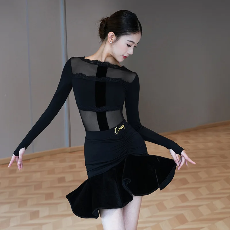 Vêtements de danse latine pour femmes, vêtements d'entraînement, col en dentelle, justaucorps noir, jupe à volants, Costume Cha Cha Rumba, Costume d'entraînement latin 2113