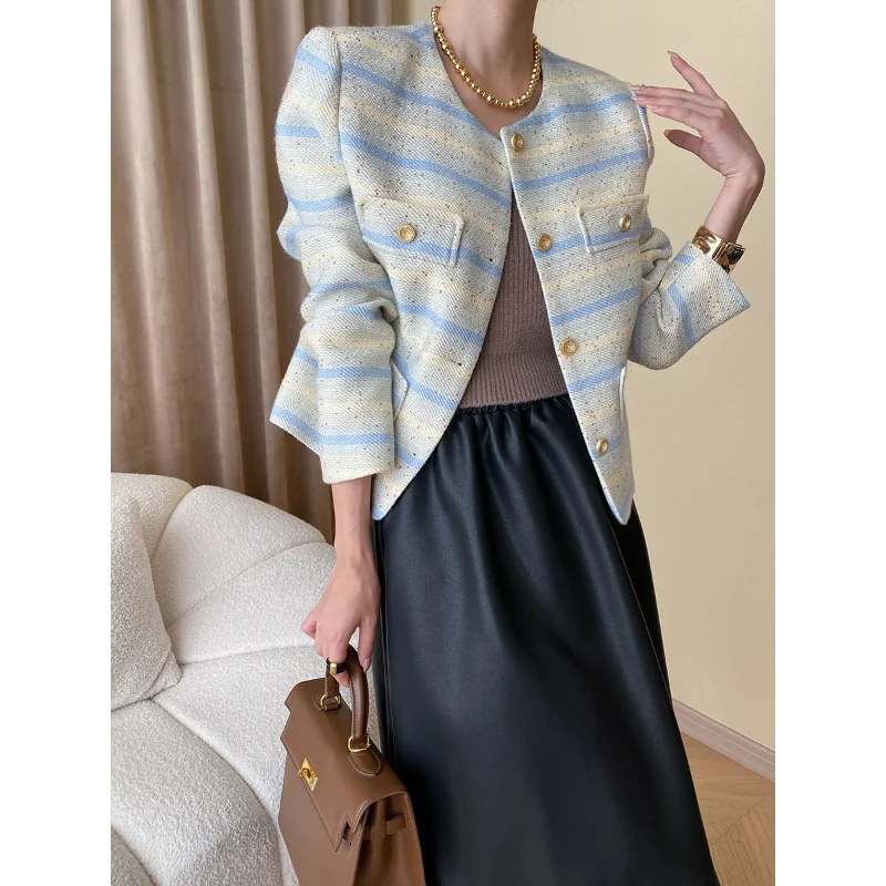 Women French High Quality Sweet Short Jacket Simple Casual Loose Korea Small Fragrant Vintage Striped Blue Tweed Office Coat 167