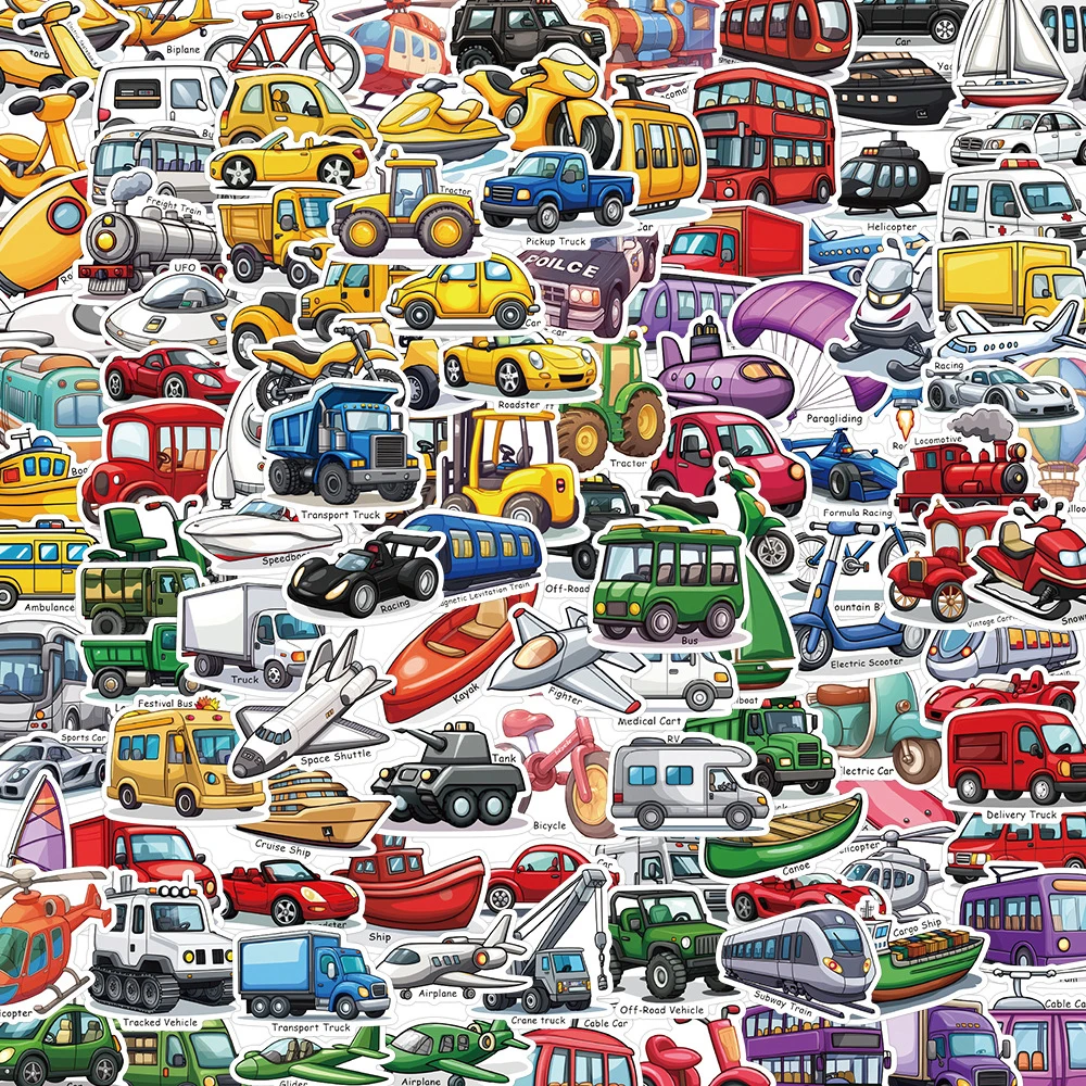 

10/50/100/200pcs Cartoon Transportation Stickers for Kids Toy Early Education Cognitive Sticker Waterproof DIY Water Cup Glass
