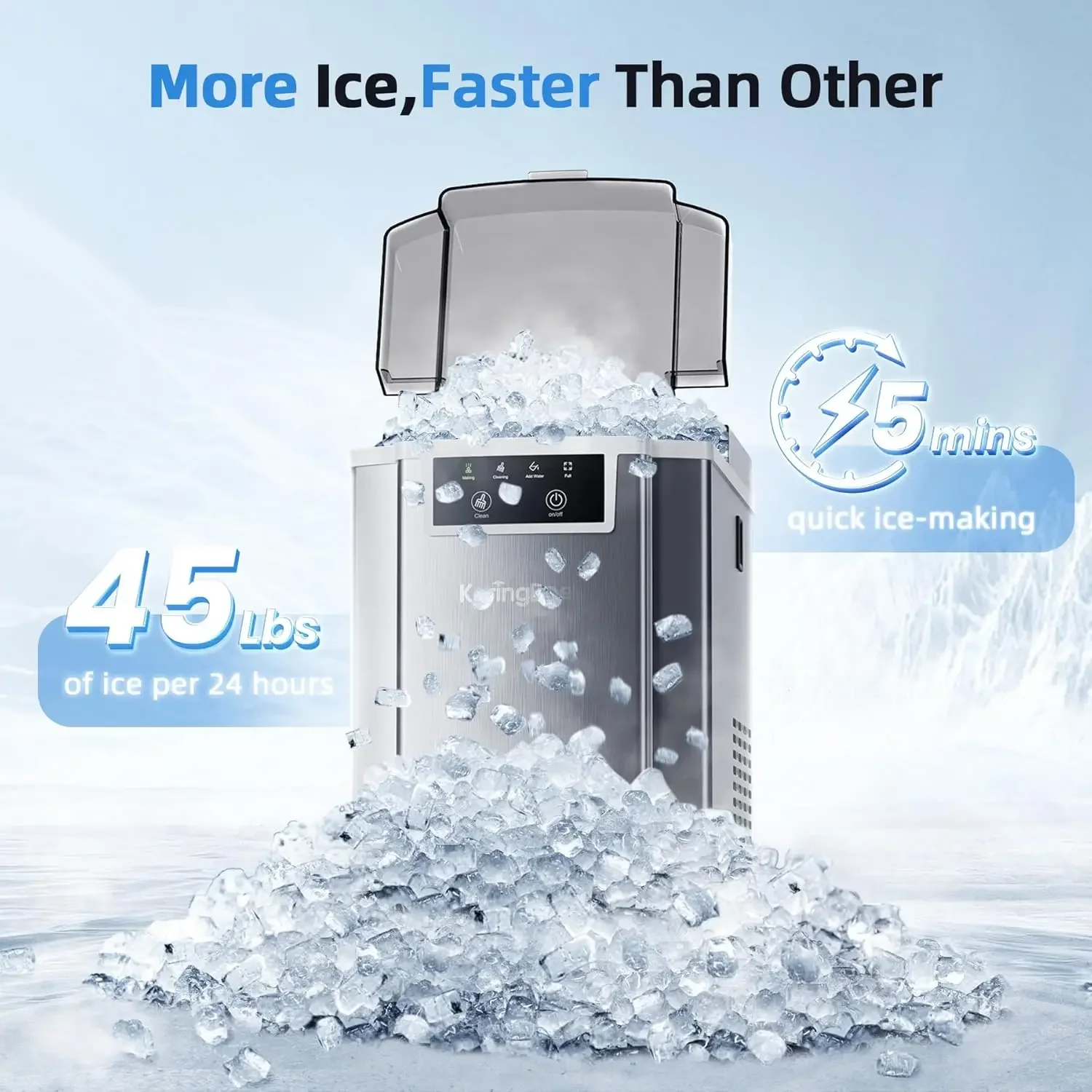 Ice Maker Countertop - 45lbs/24H, 5mins Making Soft Chewable Pellet Ice - Self-Cleaning, Sonic Ice, Pebble Ice Machine for Home