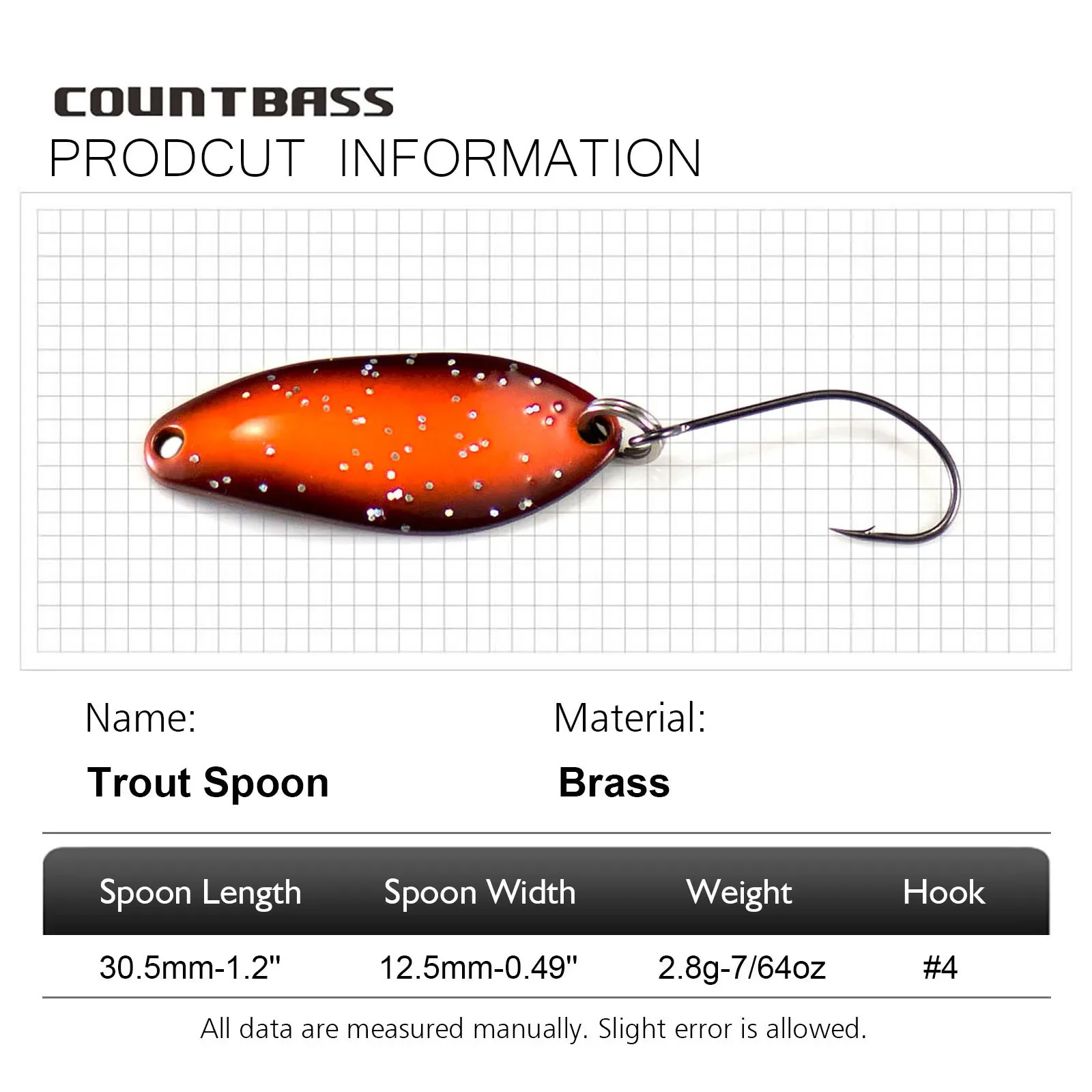 Countbass Casting Spoon Freshwater Salmon Trout Pike Bass Metal Brass Fishing Lures Fish Bait  Size 30.5x12.5mm, 2.8g  7/64oz