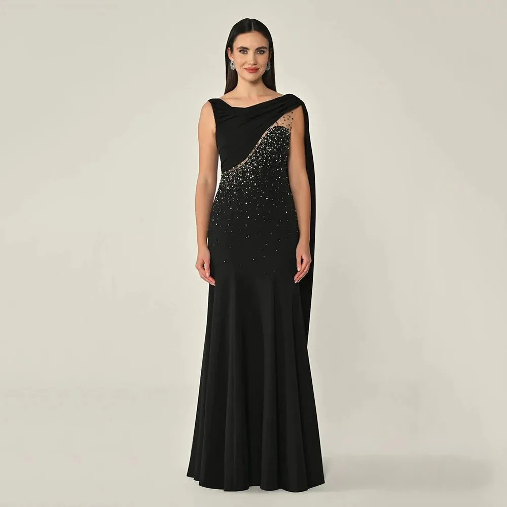 

Customized Black Boat Neck Sleeveless Evening Dresses Elegant Formal Occasion Prom Gowns Bead Crystal Floor Length Prom Dresses