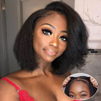 Tutkalsız Kinky Düz Dantel Ön Bob Peruk Yaki Bob Peruk Ön Kesim İnsan Saç Brezilyalı Kadınlar Için Perruque Ham Saç Giymek Ve Git
