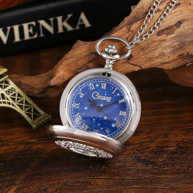 10pcs/lot New Fashion Silver Starry Sky Hollow Retro Pocket Watch Creative Gift Necklace Clock Chain Watches Birthday Gifts