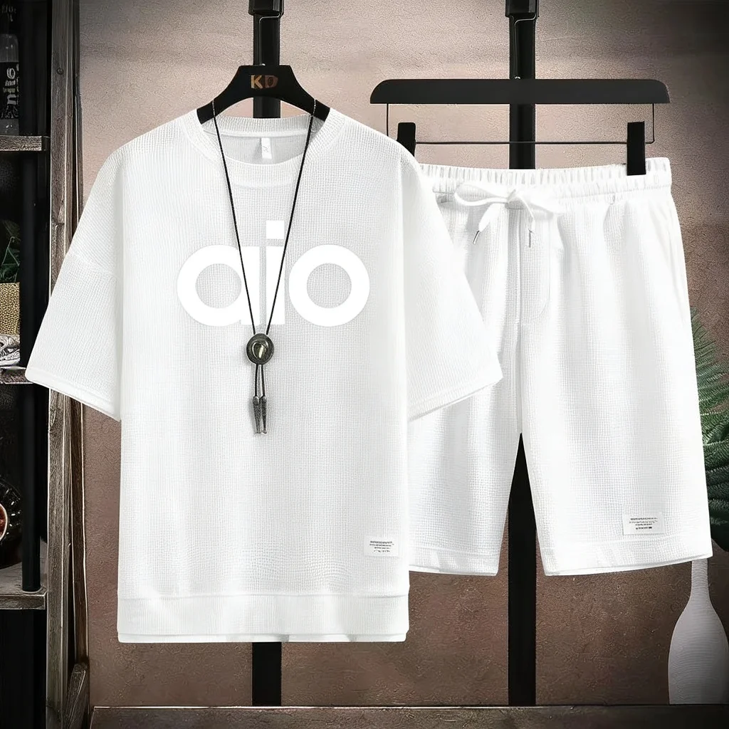 

Simple Style Waffle Knit Set Men "aio" Bold Letter Graphic Short Sleeve Tshirt And Shorts Suit Summer Fashion Outfit 2026