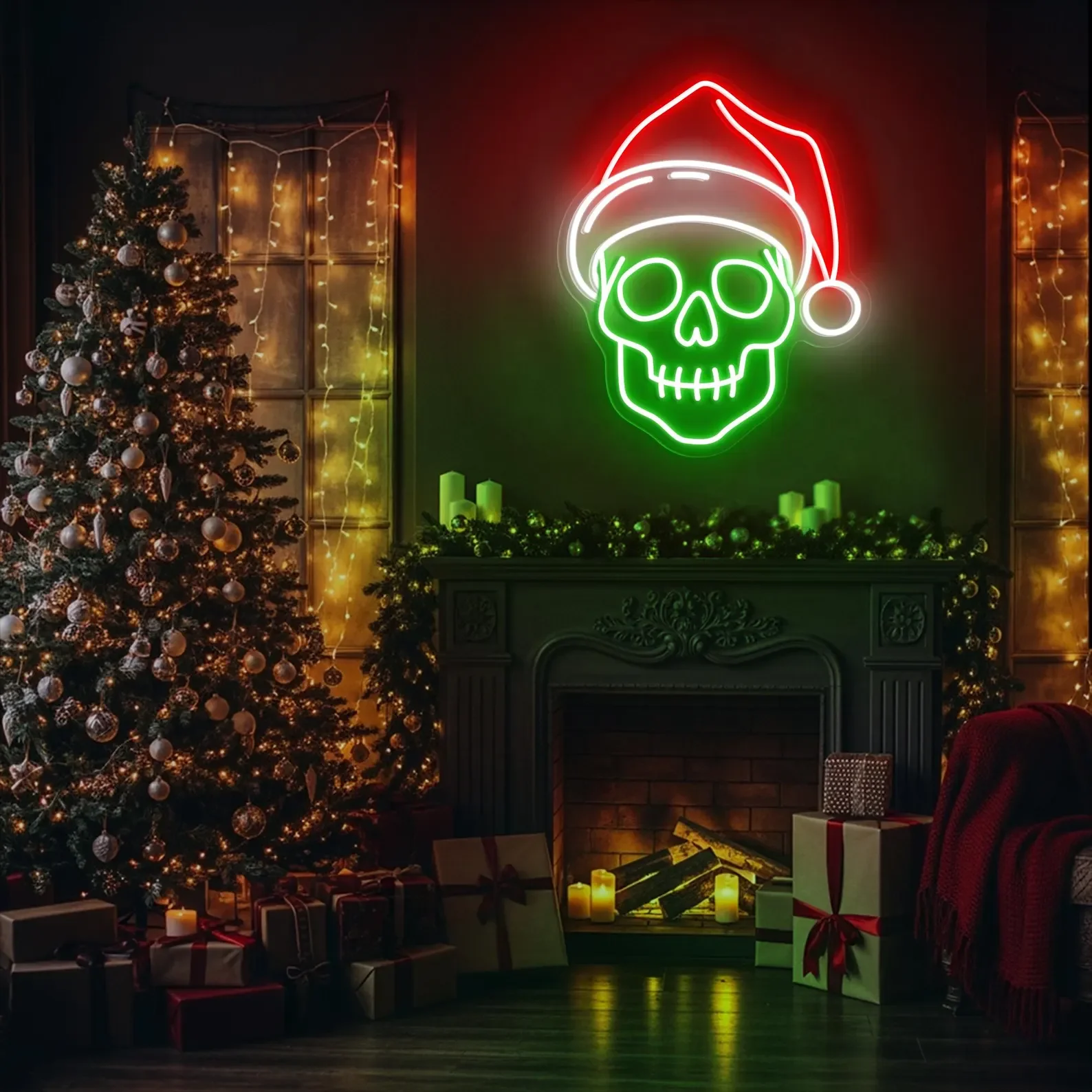 Skull with Santa Hat Neon Sign,Spooky Christmas Wall Light,Gothic Holiday Decor,Creepy Xmas Party Sign,Unique Christmas NeonSign
