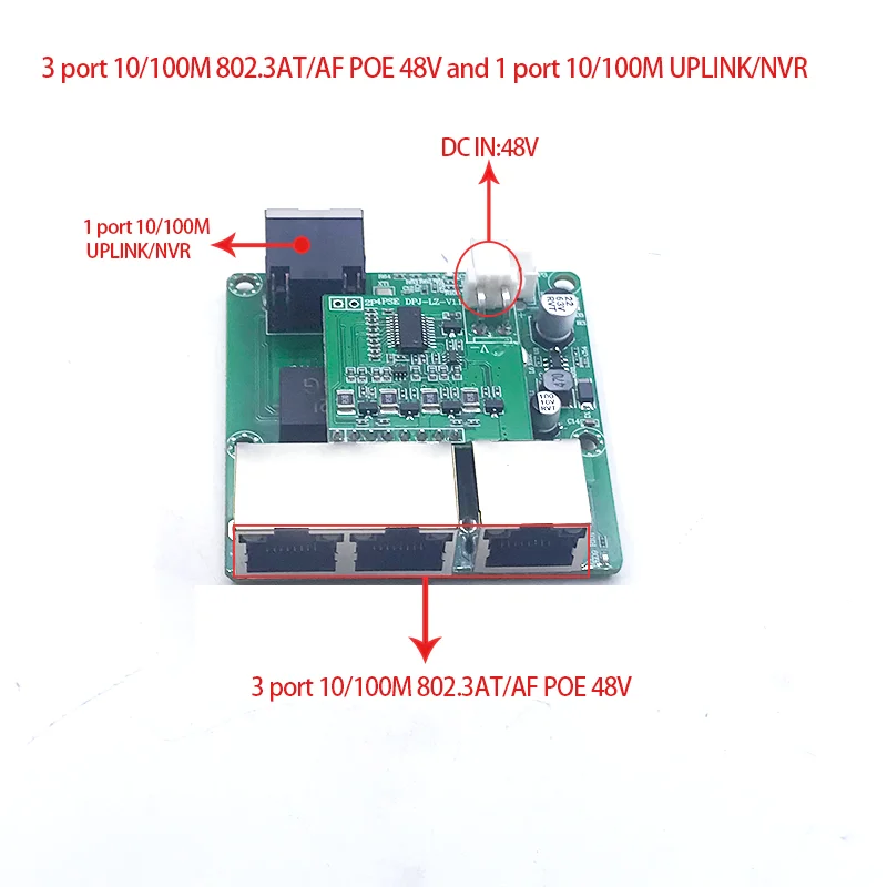 

3port 10/100M POE 802.3AT/AF 48V with 1port 10/100M UPLINK/NVR switch pcb module