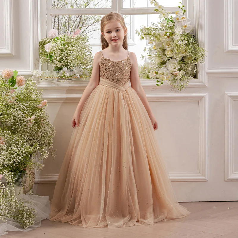 

Girls Party Dresses Elegant Tulle Princess Dress Girls Luxury Wedding Bridesmaid Piano Perform Gown Girl's Ceremonial Dress