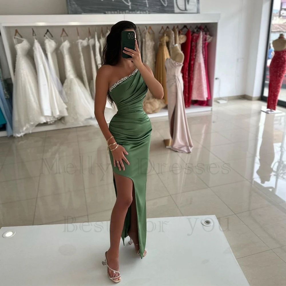 

Side Slit One Shoulder Evening Dresses for Women Satin Prom Gowns 2024 Summer Sleeveless Robe De Soirée Zipper Back Beading New