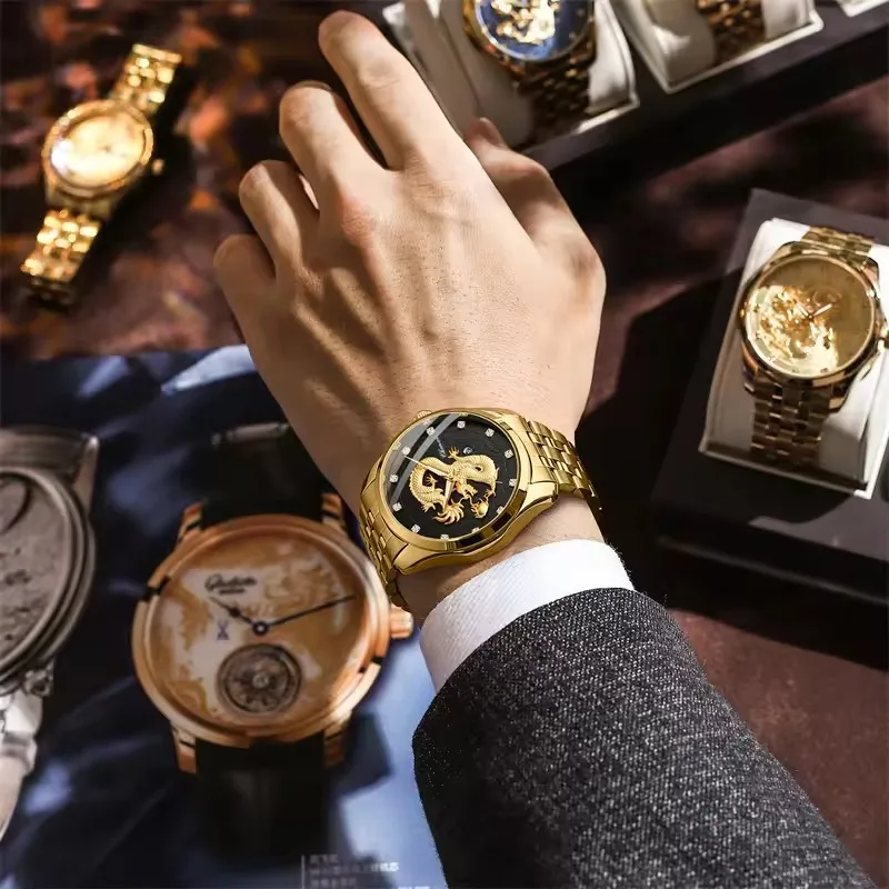 CHENXI 8220 Men's Quartz Watch 3D Golden Dragon Totem Embossed Calendar Waterproof Steel Belt Business Premium Watch for Men