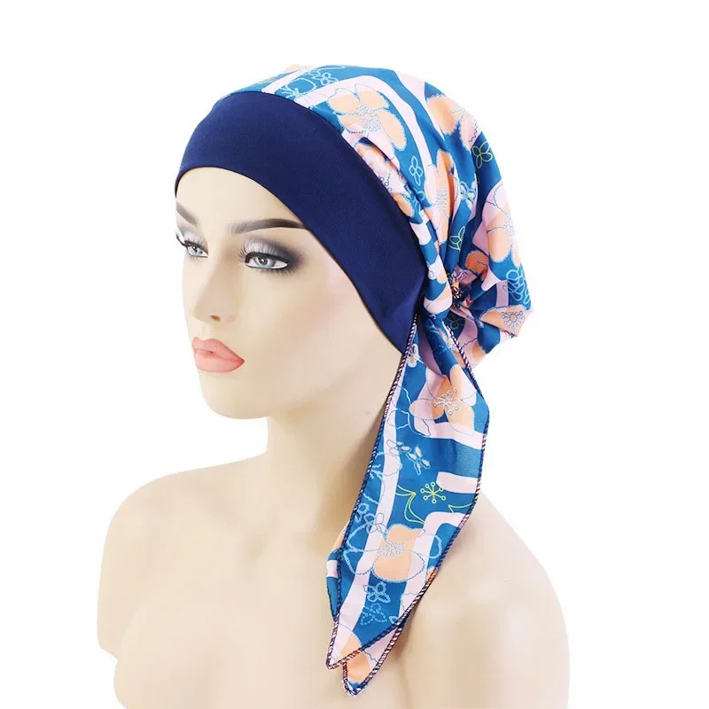 Women's Muslim Hijab Cancer Chemo Caps Flower Print Turban Cap Hair Loss Headscarf Elastic Cotton Muslim Hijab Scarf Headwear