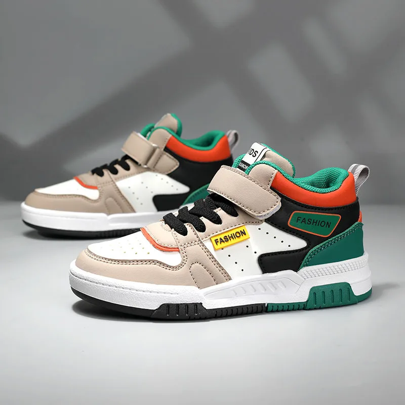 

Autumn Winter Skateboard Sneaker Child Hook Loop Leather Skate Shoes For Boys Trainers Comfort Platform High Top Kids Sneakers