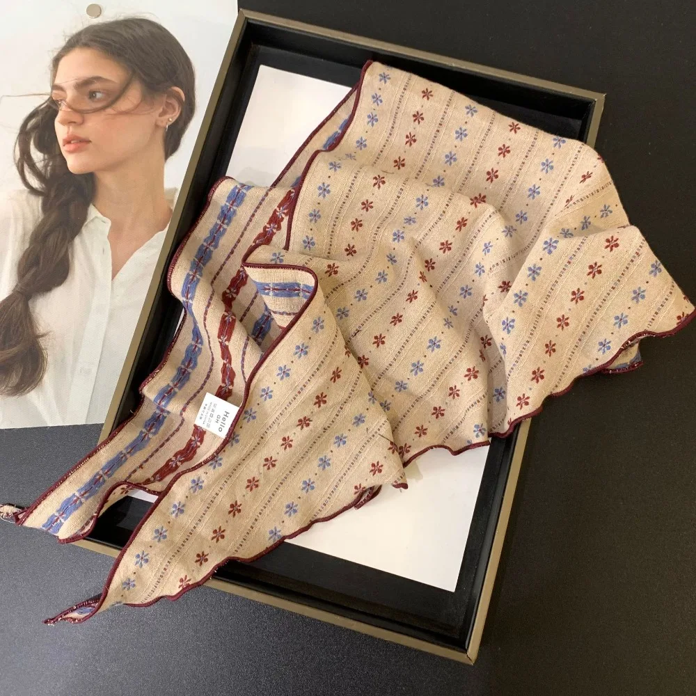 

Милые шарфы со снежным цветком, корейский стиль, полосатый принт, банданы, шаль, повязка на голову, накидка на шею, мягкий хлопковый льняной платок, мужской платок