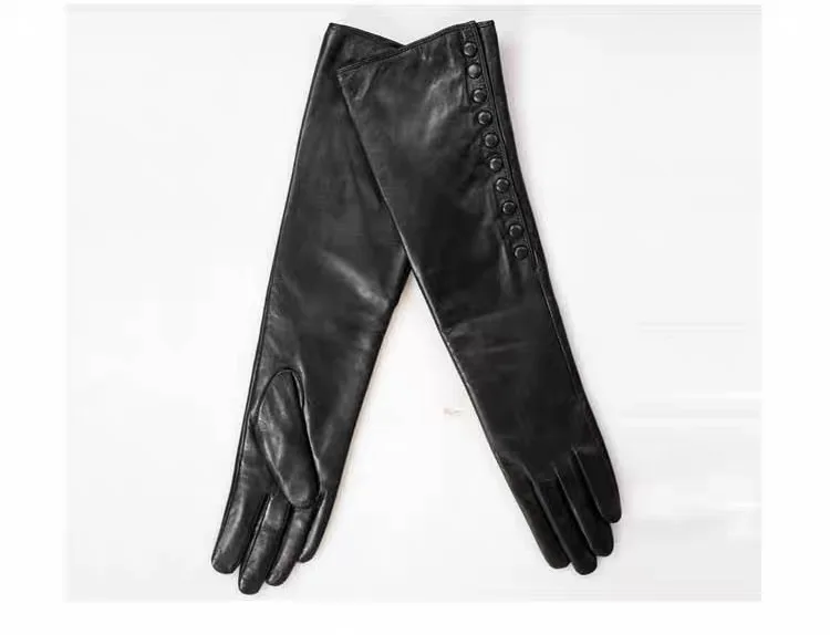 Ladies' Winter Warm Touchscreen Korean Medium-length Leather Gloves with Velvet Lining Women 45 cm Long Single-breasted Luvas