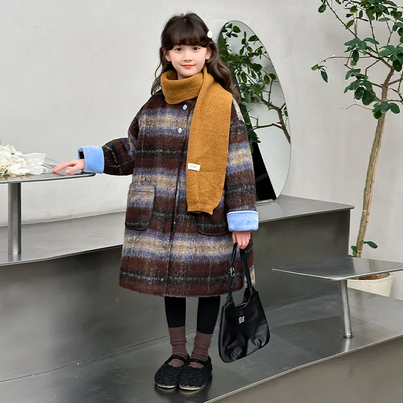 

Vintage plaid coat for girls in winter 2025 mid length coat for children in autumn cotton coat for boys