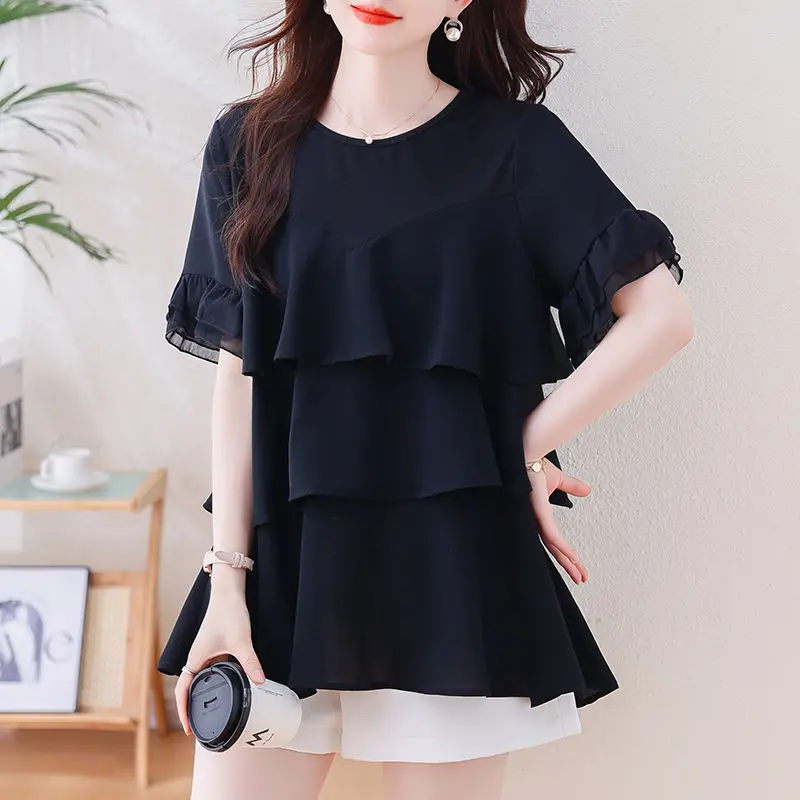 Casual Loose Ruffles Blouse Summer Short Sleeve All-match Solid Color Women\'s Clothing Commute Round Neck Fashion Spliced Shirt