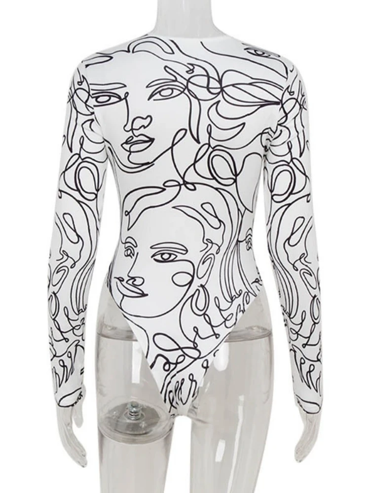 Fashion Printing Bodysuit Long Sleeve Body Feminino O-neck Lingerie Sexy Tops Women Streetwear Bodycon Bustier Lenceria Femenina