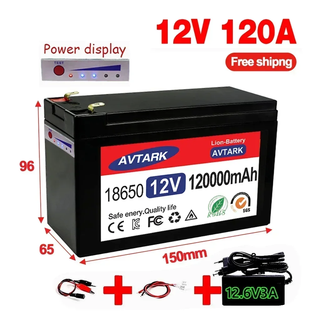 

12V 120Ah LiFePO4 18650 lithium battery for solar energy built-in high current 30A BMS electric vehicle battery+12.6V charger