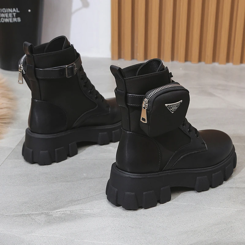 2024 New Women Thick-Soled Leather new Boots Casual Women Boots Women Fashion Lace-Up High Boots Nylon pouch heels flats booties