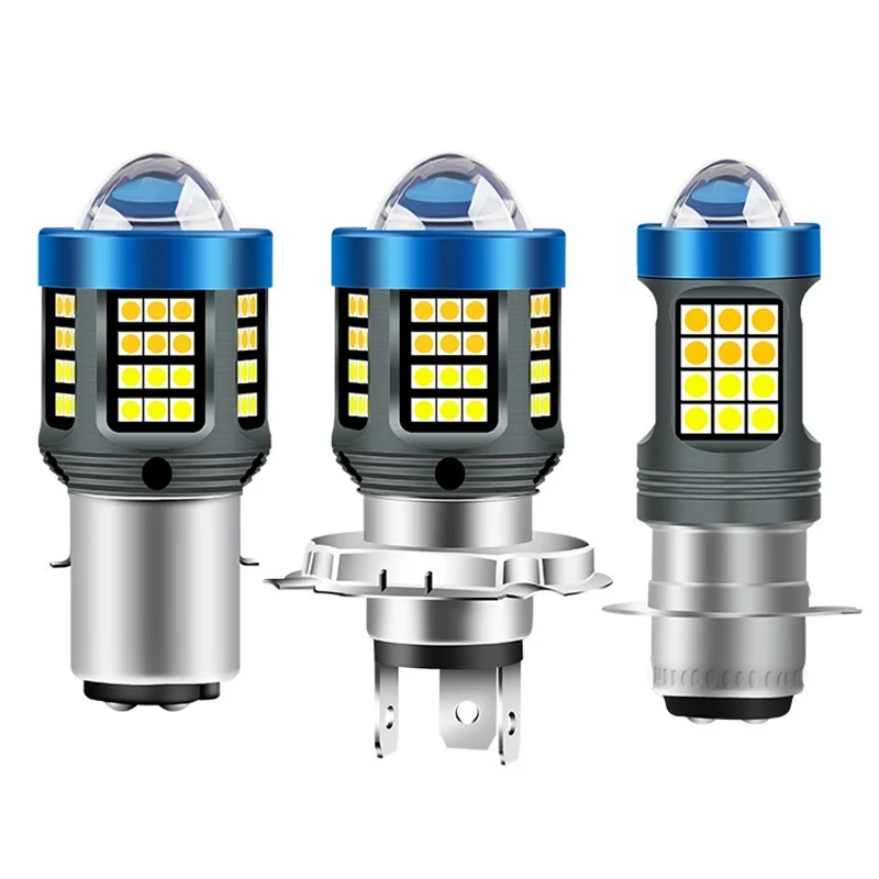 Faro LED para motocicleta H4 H6 BA20D P15D, doble Color, blanco, amarillo, lente de haz alto, lámpara antiniebla para moto, Scooter, luz para correr