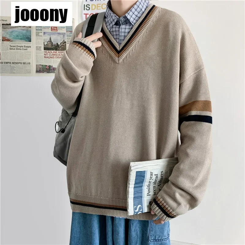 Men's V-neck Sweater Autumn And Winter Knitted Sweater Korean College Style Couple Loose Long Sleeve Top Preppy