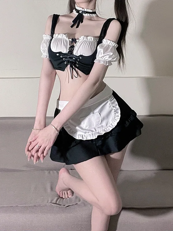 Sweet Mini Dress Bow Fashion Sexy Cute Maid Passionate Temptation Uniform Maid Girl Dress Elegant 2024 New Tops Korean C263