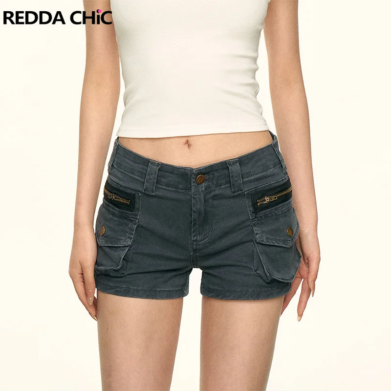 

ReddaChic летние женские джинсовые шорты-карго винтажные серые тонкие эластичные брюки с низкой посадкой и карманами с клапанами брюки уличная рабочая одежда