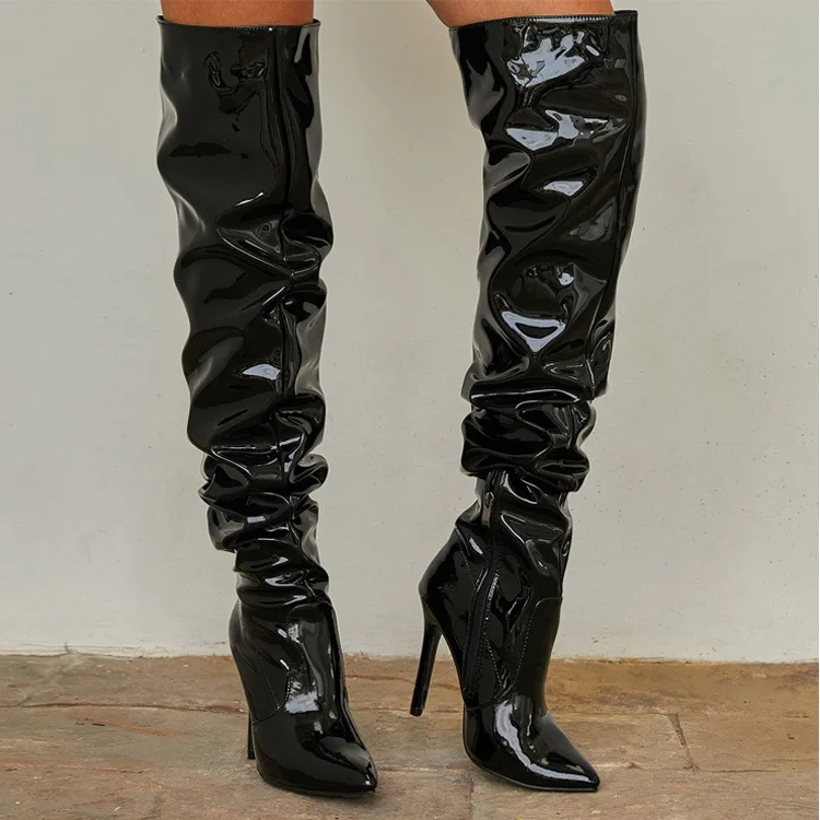 

Over The Knee Boots Patent Leather 11CM Ultra High Heel Pointed Toe Wrinkled Shaft Sexy Party Boots Long Boots Must Have