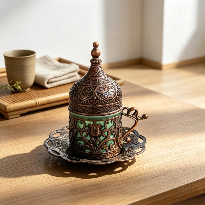 Vintage Turkish Copper Coffee Cup Set, Royal European Espresso Mug Gift with Lid & Saucer, Ceramic Coated Metal Drinkware.